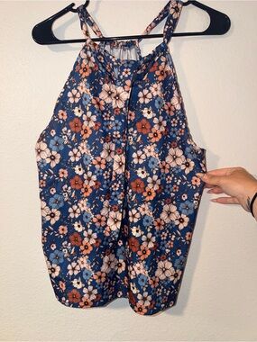 SHEIN Navy Floral Halter Tank with Rust and Cream Accents
